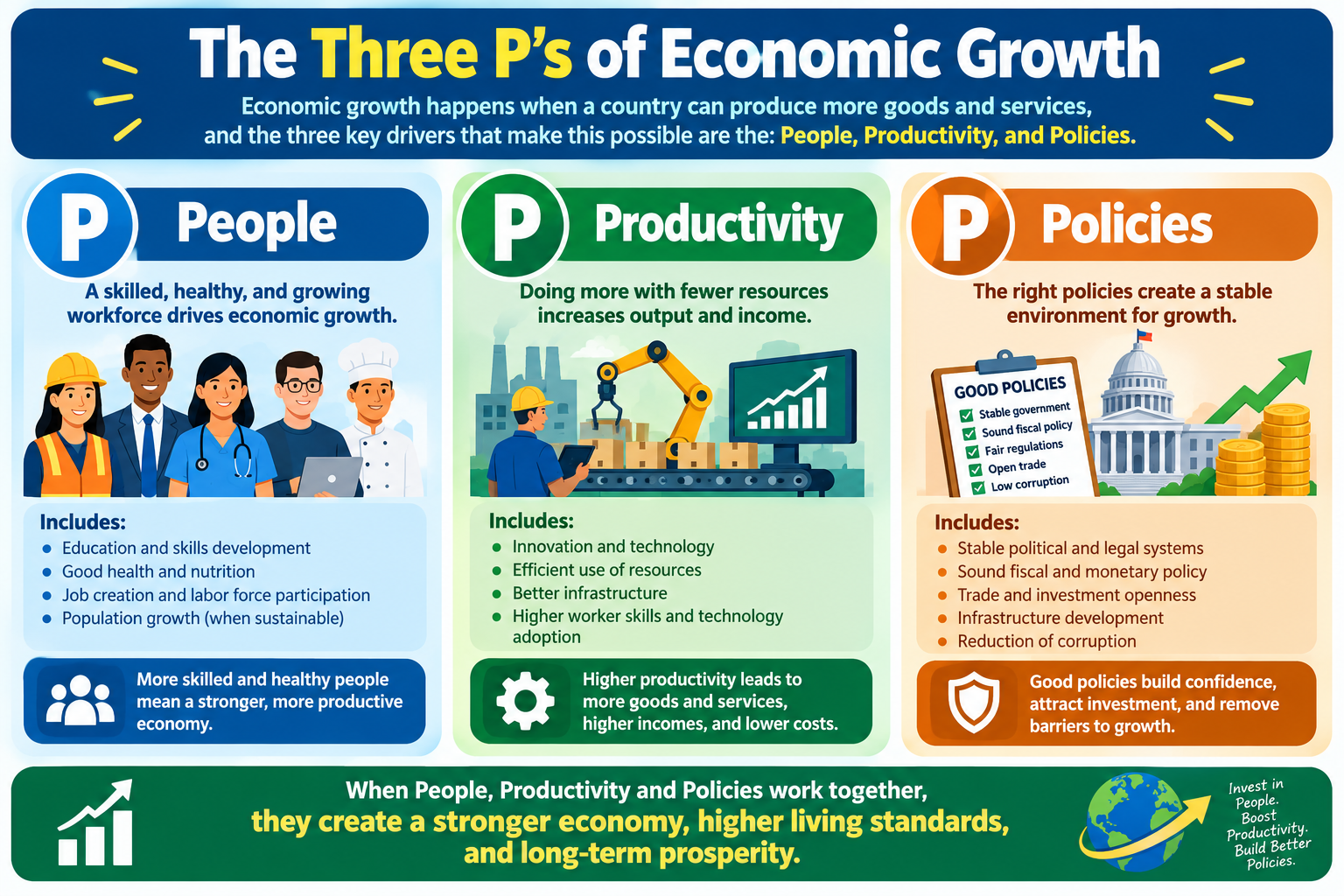 What are the three P’s of economic growth?